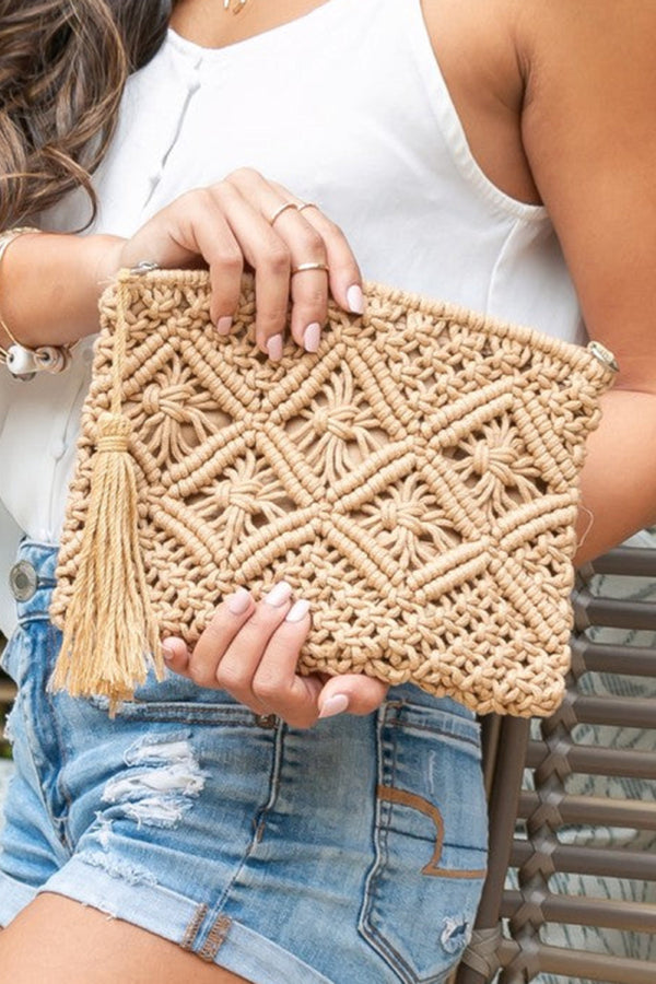 Diamond Pattern Macrame Tassel Clutch