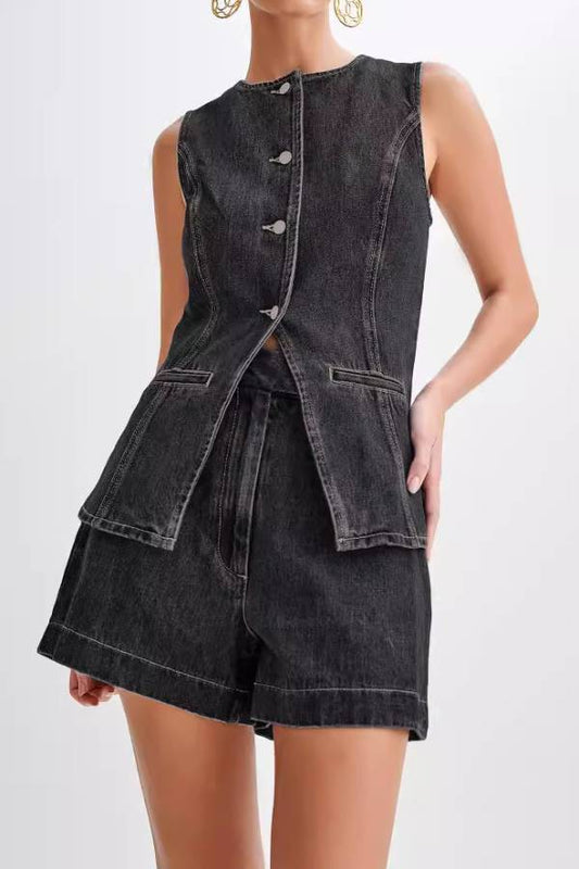 Fashion and casual sleeveless high waisted denim shorts set