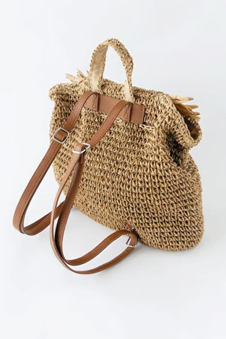 Caramel Fringed Trim Woven Straw Backpack