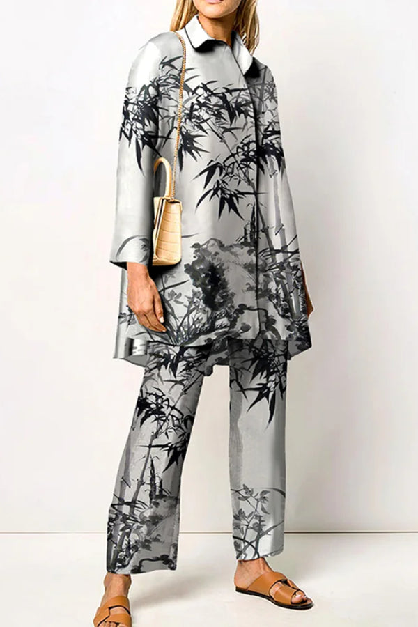 Fashion Bamboo Print Long Sleeve Shirt Two Piece Set