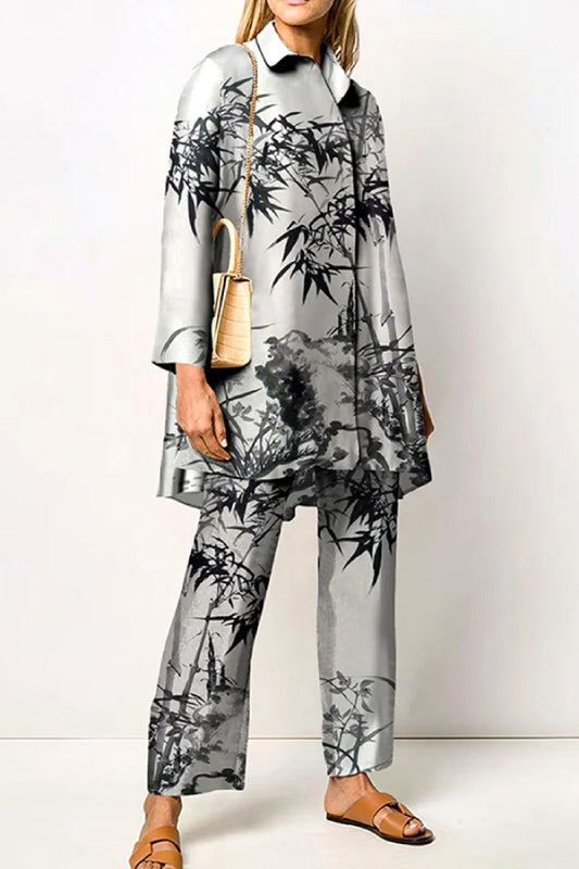 Fashion Bamboo Print Long Sleeve Shirt Two Piece Set
