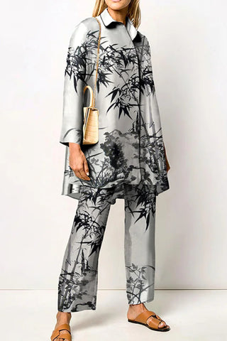 Fashion Bamboo Print Long Sleeve Shirt Two Piece Set