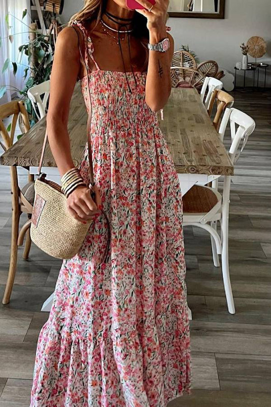 Smocked Floral Spaghetti Strap maxi Dress