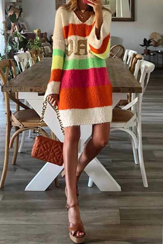 Rainbow striped V-neck loose knit sweater