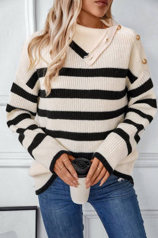 Striped Asymmetric Lapel Sweater with Buttons Long Sleeve Knitted