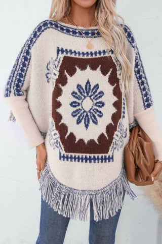 Retro ethnic style one neck pullover sweater shawl