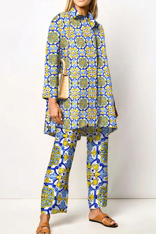 Geometric Print Long Sleeve Shirt Two Piece Set