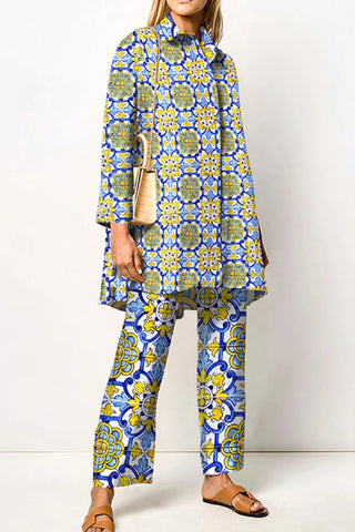 Geometric Print Long Sleeve Shirt Two Piece Set