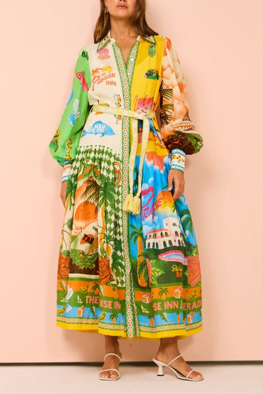 Single-breasted long lantern sleeve printed tie waist dress