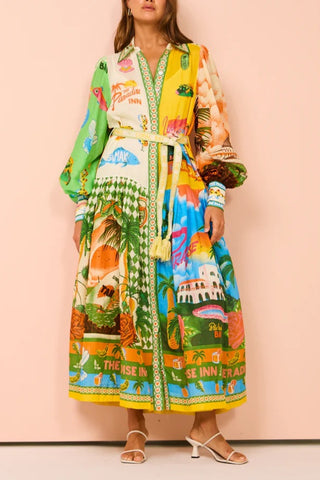 Single-breasted long lantern sleeve printed tie waist dress