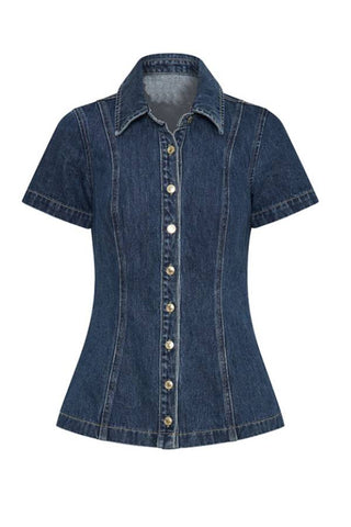 Modern style denim short sleeved button high waisted skirt set