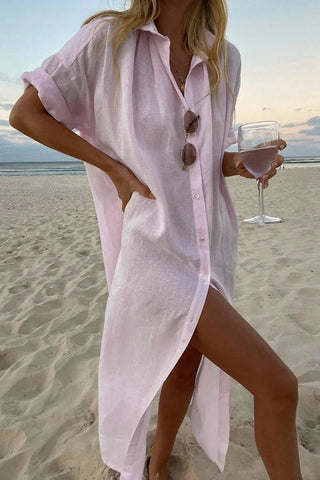 Solid color casual long sleeved mid length cotton and linen shirt dress