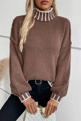 Casual Long Sleeve Mock Neck Color Block Loose Pullover Sweater