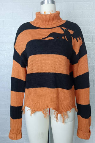 Halloween Outfits Bat Stripe Graphics Ripped Irregular Fall Winter Jumpers