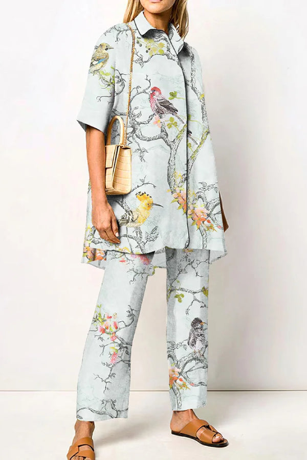 Art Floral And Bird Printed Shirt Two Piece Set
