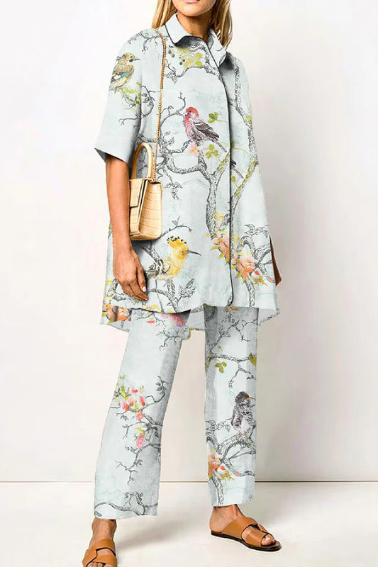 Art Floral And Bird Printed Shirt Two Piece Set