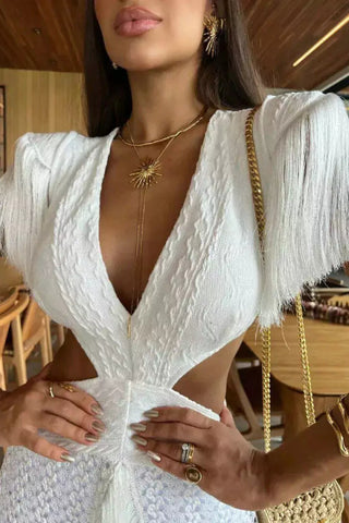 Deep V-neck sexy backless high waisted fringe maxi dress