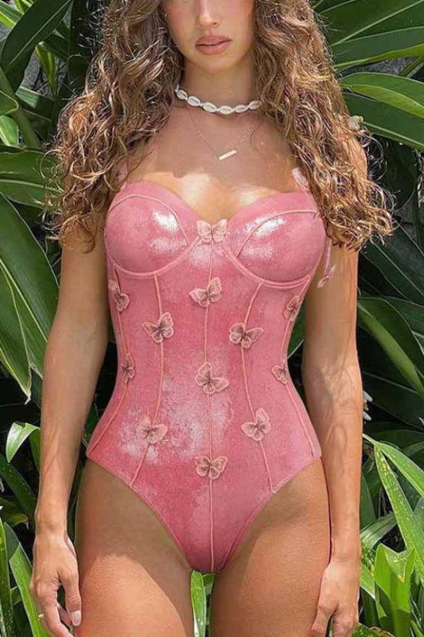 Sweetie Butterfly Embellished Shiny One-piece Swimsuit