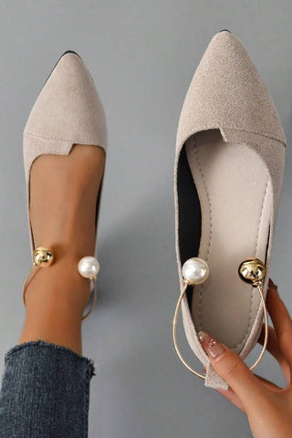 One-Strap Buckle Hollow Shallow Pointed Toe Flat Shoes With Pearl Metal Strap