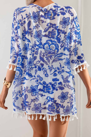 Blue And White Porcelain Print Cover-up Swimsuit Three-Piece Set