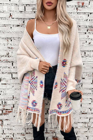 Open Front and Wraps Knit Cape Pop Aztec Geometric Ethnic Style Tassel Design Cardigan