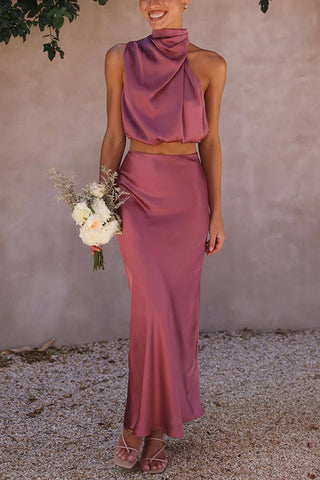 High Neck Satin Drape Maxi Skirt Set