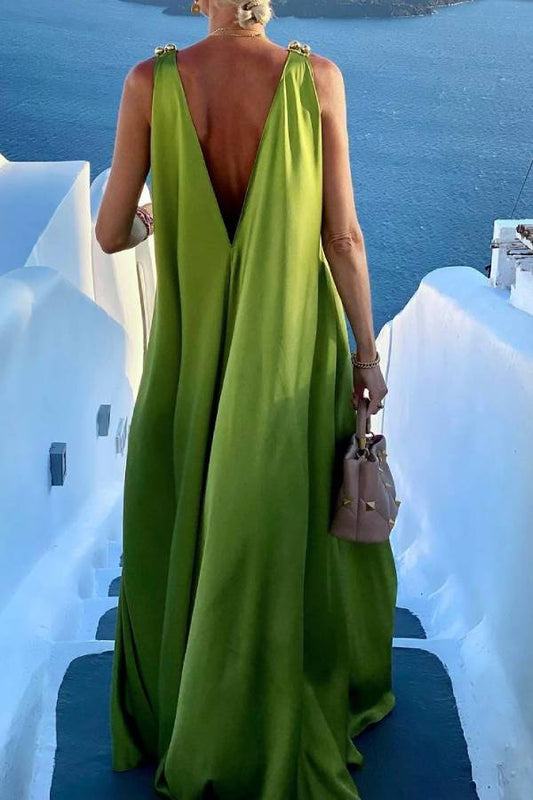 V-neck sleeveless sexy backless solid color maxi dress