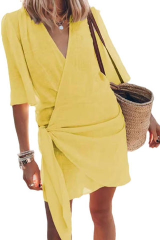 Cotton Linen Blend Knotted Wrap Mini Dress