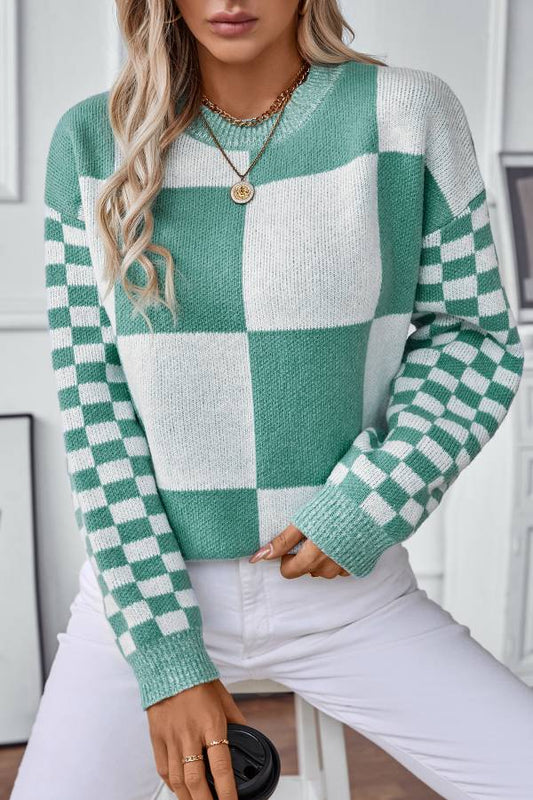 Contrasting Checked Pullover Knit Sweater