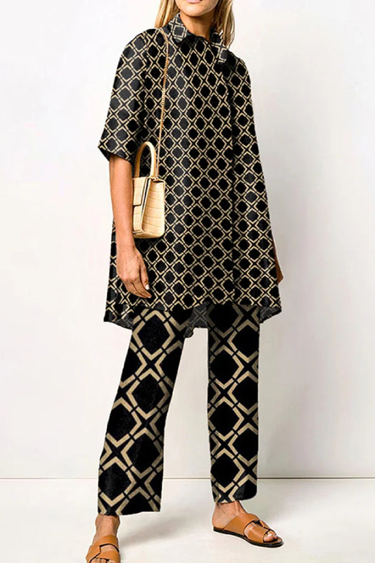 Fashion Gradient Geometric Print Long Sleeve Shirt Two Piece Set