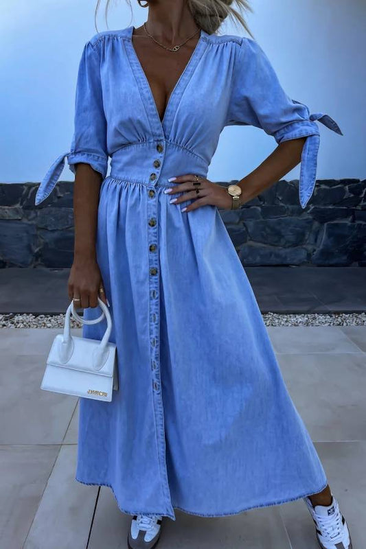 V-neck Button Down Denim Maxi Dress