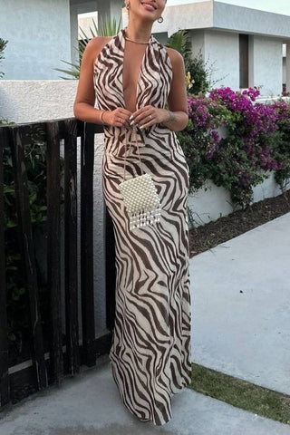 Linen blend animal print neck hanging maxi dress