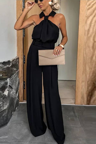 Fashionable Unique Look Halter Shirt Collar Pocketed Wide Leg Jumpsuit