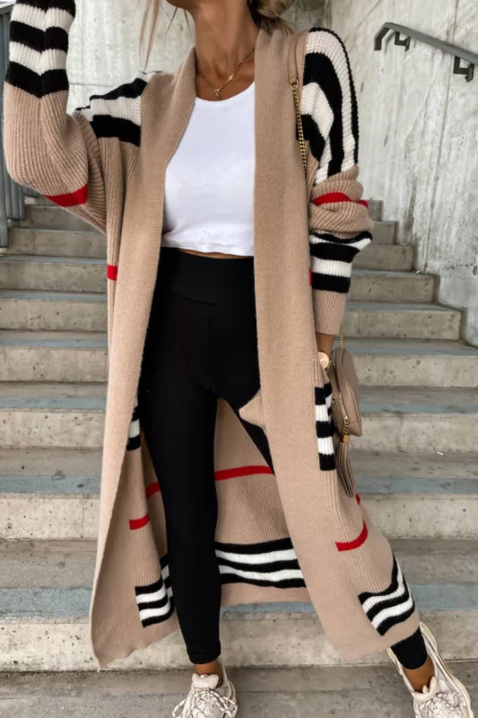 Elegant Striped Patchwork Loose Long Sleeve Sweater Cardigan