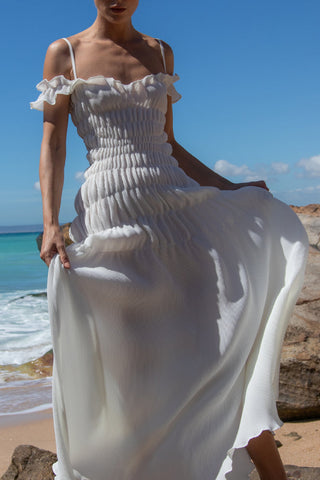 French pleated slim seaside resort style maxi dress