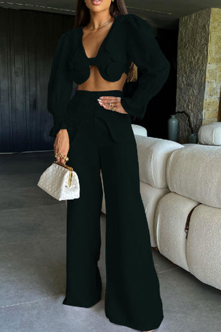 Solid Long Sleeve V-Neck Backless Top and Wide Leg Pants Set