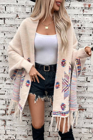 Open Front and Wraps Knit Cape Pop Aztec Geometric Ethnic Style Tassel Design Cardigan