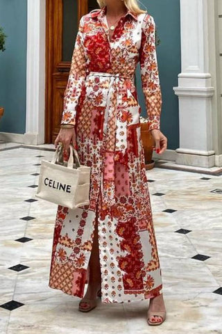 Fashionable printed Bohemian shirt maxi dress