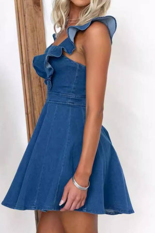 Fashionable and casual flying sleeves backless denim mini dress