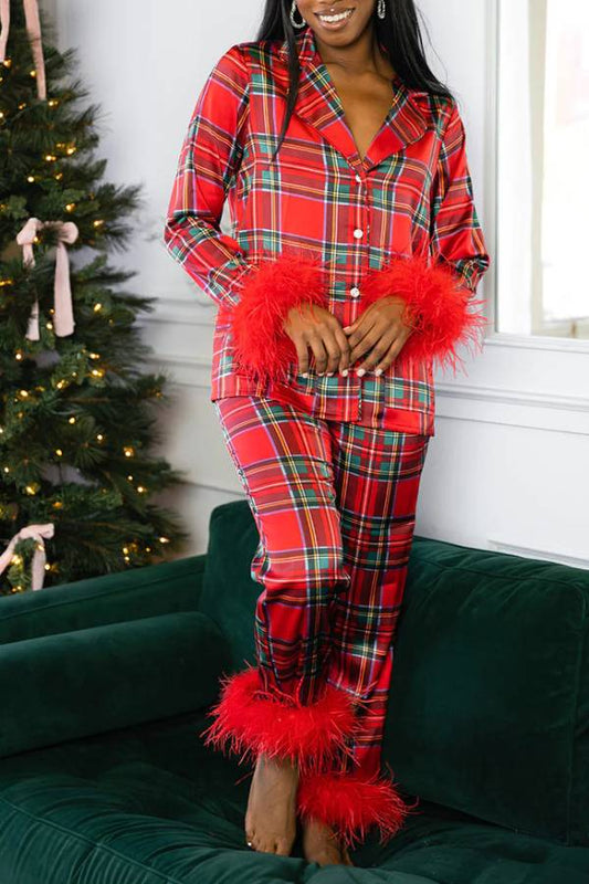 Christmas satin printed casual long sleeved long pants pajama set