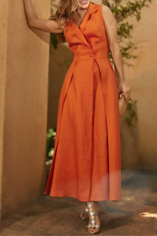 Solid color lapel pleated sleeveless temperament maxi dress