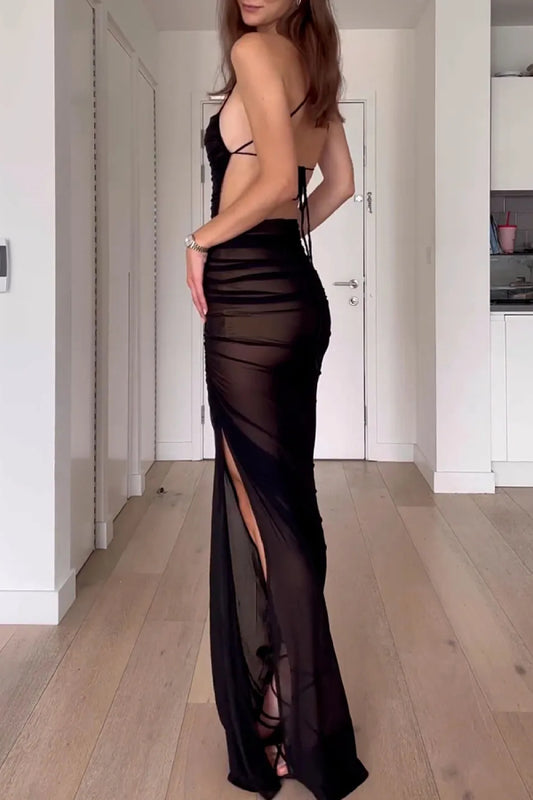 Sexy see-through high slit backless suspender maxi dress