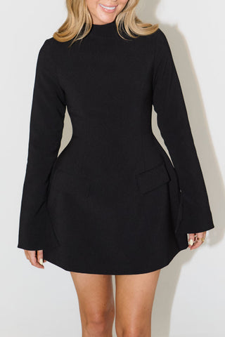 high neck long sleeve flap pocket mini dress