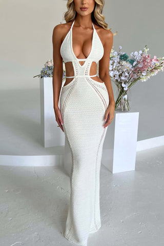 Sexy Knit Crochet Cutout Halter Tie-up Stretch Maxi Dress