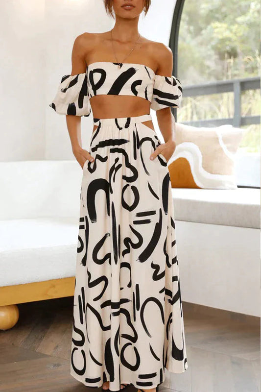 Bubble sleeve top hollowed out large swing long skirt set