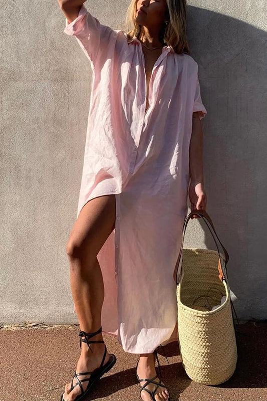 Solid color casual long sleeved mid length cotton and linen shirt dress