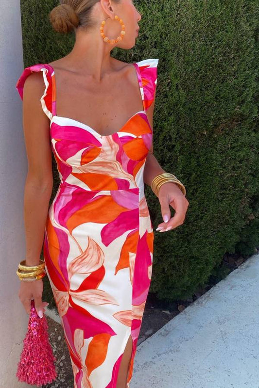 Contrast Print Split Slim Sleeveless Maxi Dress