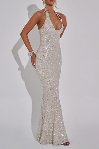 Halter Neck Sequined Fishtail Maxi Dress