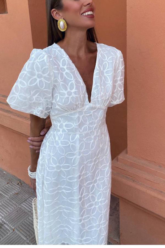 Floral Embroidery V Neck Short Sleeve Cinch Waist Maxi Dresses