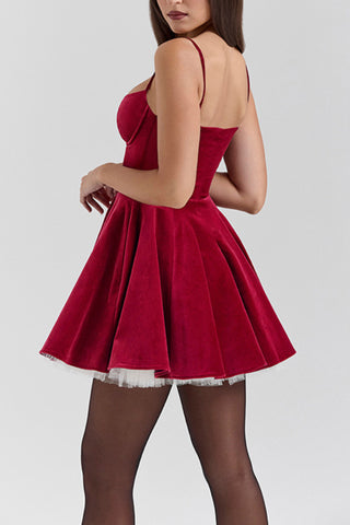 Red Velvet Suspender Mesh Mini Dress